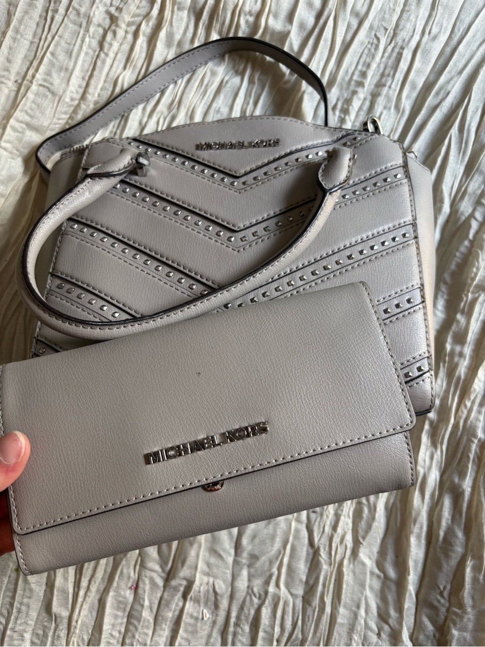 Michael Kors Light Gray Studded Chevron Satchel with Matching Wallet